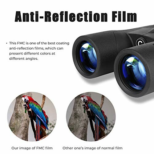 Binoculars with anti-reflection film, comparison images of parrots.