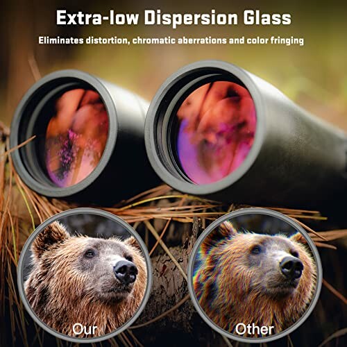 Binoculars with extra-low dispersion glass demonstrating reduced chromatic aberrations using bear images.