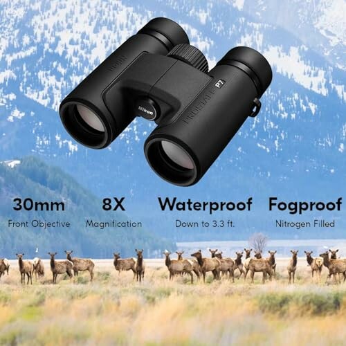Binoculars with features listed over a herd of elk in a mountainous landscape.
