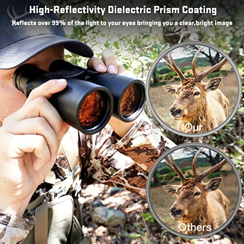 Person using binoculars with high-reflectivity dielectric prism coating, comparing clear deer image with less clear version.
