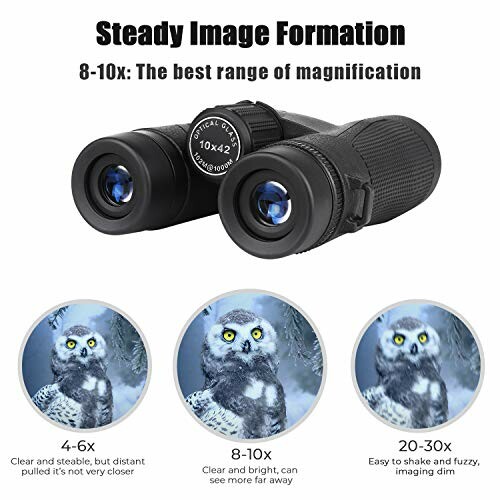 Binoculars with range of magnification from 4-30x, featuring images of an owl at different zoom levels.