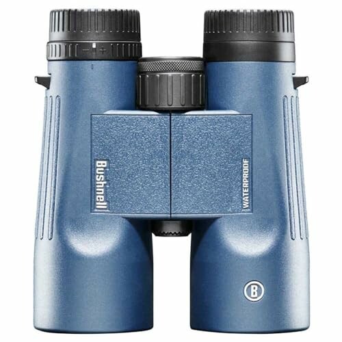 Blue waterproof binoculars with Bushnell branding.