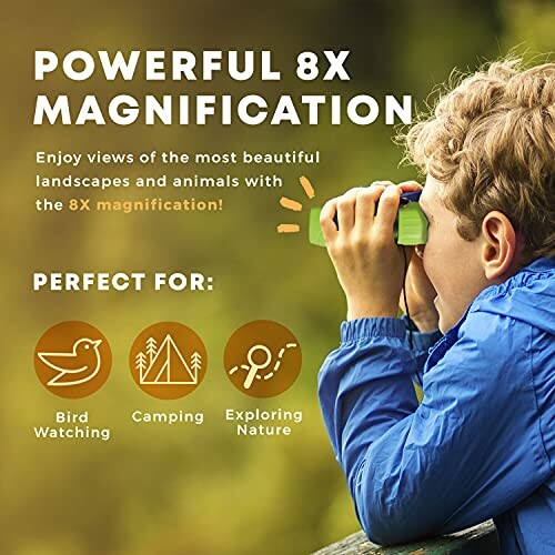 Child using binoculars for bird watching, camping, and exploring nature with powerful 8x magnification.