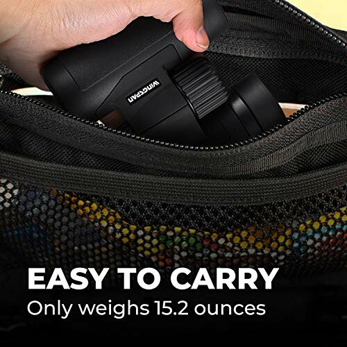 Compact binoculars being placed in a bag with text 'Easy to carry, only weighs 15.2 ounces'.
