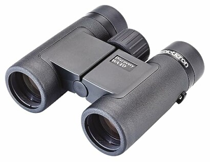 Compact black binoculars with rubber grip.