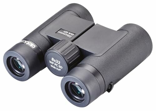 Compact black binoculars with 8x32 magnification.