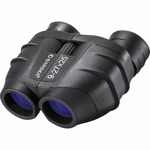 Compact black binoculars with blue lenses.