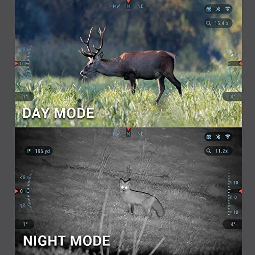 Comparison of day and night vision modes showing a deer in daylight and a fox at night.