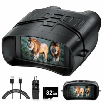 Digital binoculars displaying lions on screen with accessories.
