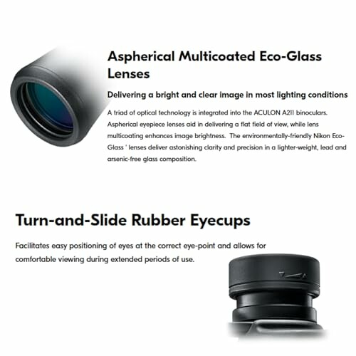 Aspherical multicoated eco-glass lenses and turn-and-slide rubber eyecups description.