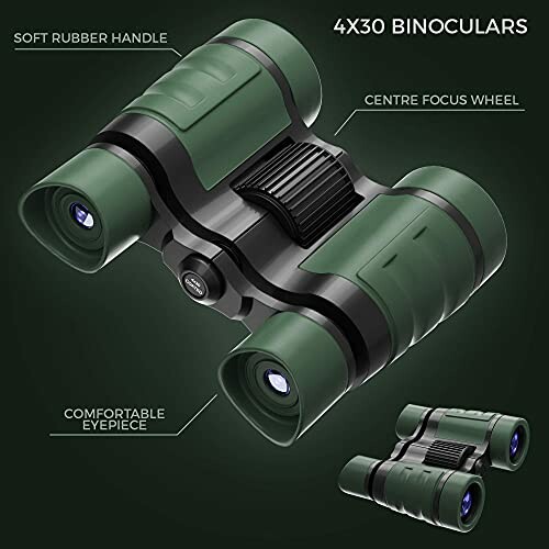 Green binoculars with soft rubber handle and center focus wheel.