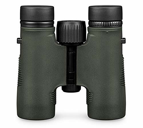 Green binoculars with black eyepieces and central focus knob.