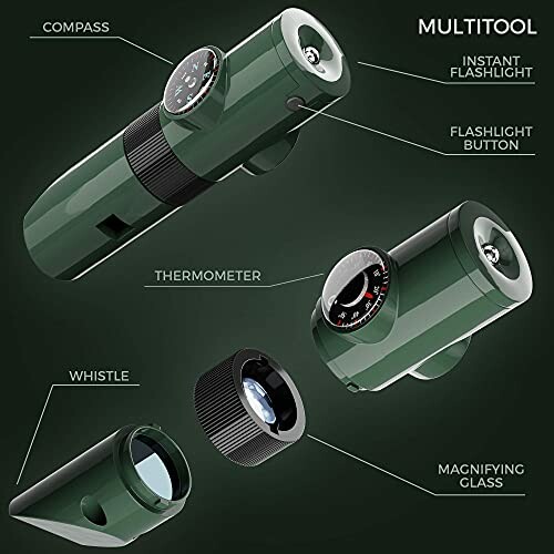 Green multitool featuring a compass, thermometer, flashlight, whistle, magnifying glass.