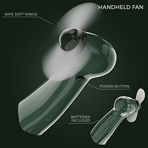 Green handheld fan with safe soft wings and power button.