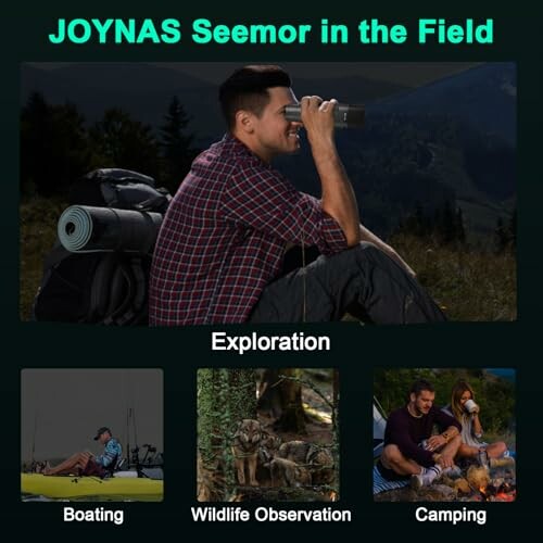 Man using binoculars outdoors with boating, wildlife observation, and camping activities.