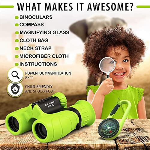 Child with adventure kit including binoculars, magnifying glass, and compass.