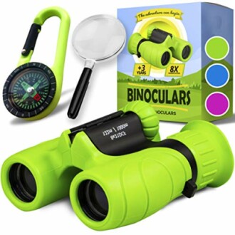Children's binoculars set with compass and magnifying glass.