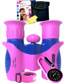 Pink and blue kids binoculars set with compass and carrying case.