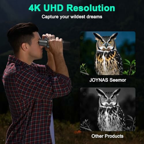 Man using binoculars with owl image comparison for 4K UHD resolution.