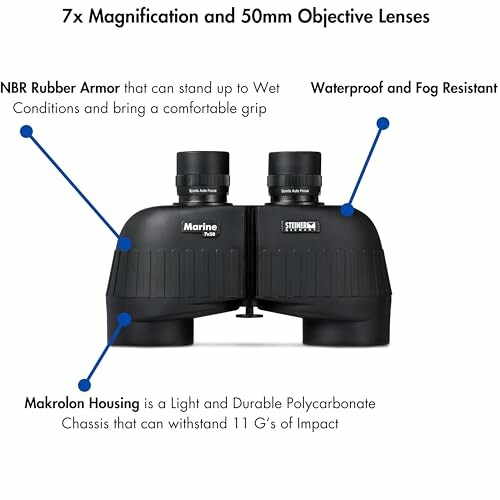 Marine binoculars with 7x magnification and 50mm objective lenses, featuring NBR rubber armor, waterproof and fog-resistant design, and Makrolon housing.