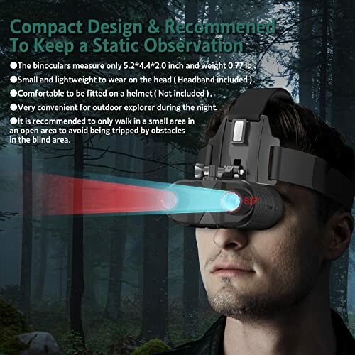 Man wearing night vision goggles headset in forest.