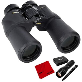 Nikon Aculon binoculars with accessories including a flashlight, pen, and cleaning cloth.