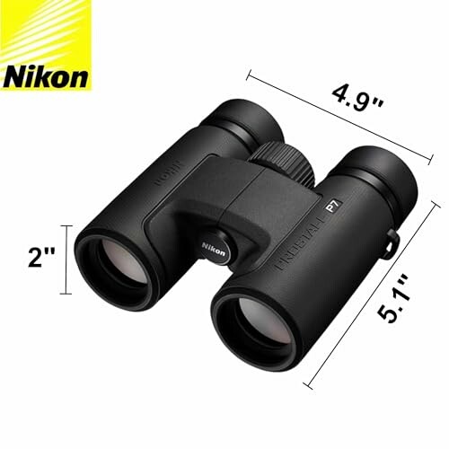 Nikon binoculars with dimensions 4.9 by 5.1 by 2 inches.