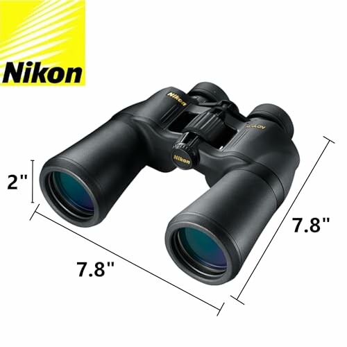 Nikon binoculars with dimensions labeled, 7.8 inches in length and width, 2 inches in height.