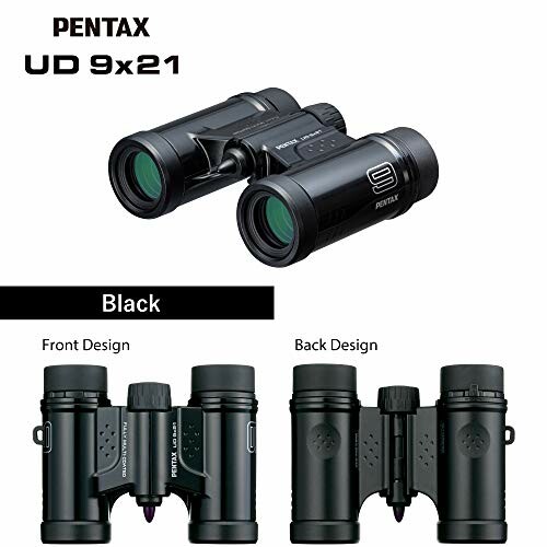 Pentax UD 9x21 binoculars in black, front and back design views.