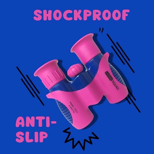 Pink and blue shockproof, anti-slip binoculars on blue background.