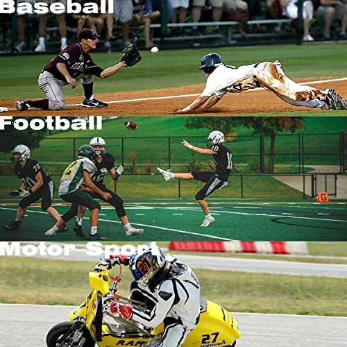 Collage of baseball, football, and motorsport action scenes.
