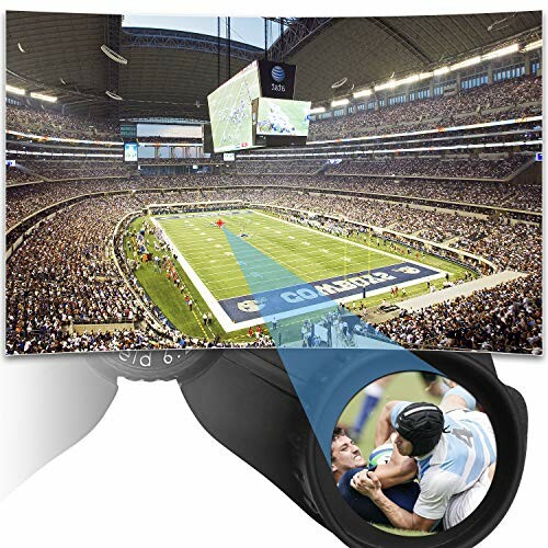 Large stadium with a football game and a close-up of a binocular view.