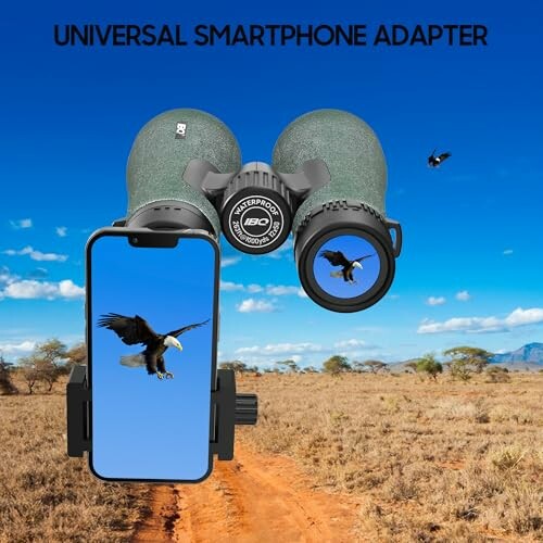 Smartphone attached to binoculars displaying eagle in savannah.