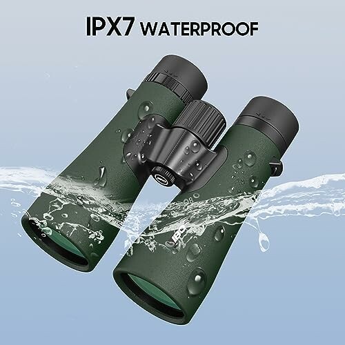 IPX7 waterproof binoculars with water droplets on lenses.